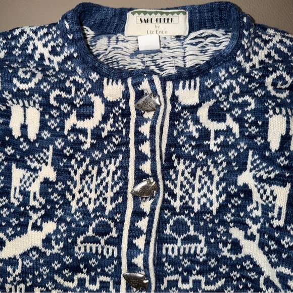 Sage Greek Liz Ence Blue/White Sweater sz S Celtic Paleolithic Arrowhead Buttons - Picture 9 of 16